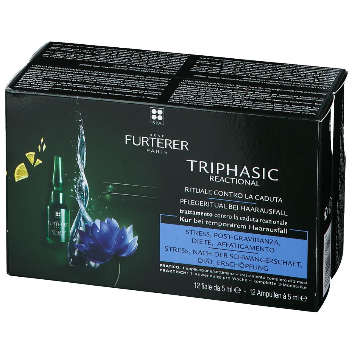 Verpackung mit Text: FURTERER PARIS TRIPHASIC REACTIONAL. Anti-Haarausfall Ritual. 12 Ampullen.