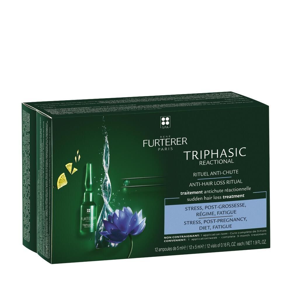 Schachtel mit grüner Verpackung. Text: FURTERER PARIS TRIPHASIC REACTIONAL. Anti-Haarausfall Ritual. 12 Ampullen.