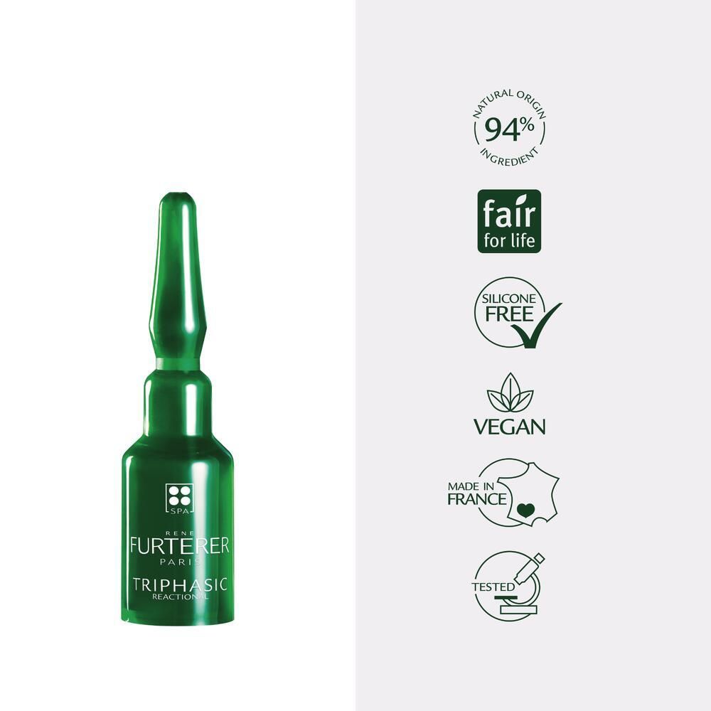 Ampulle mit Text: FURTERER PARIS TRIPHASIC. Logos: 94% natürliche Inhaltsstoffe, Fair for Life, Vegan, Made in France.