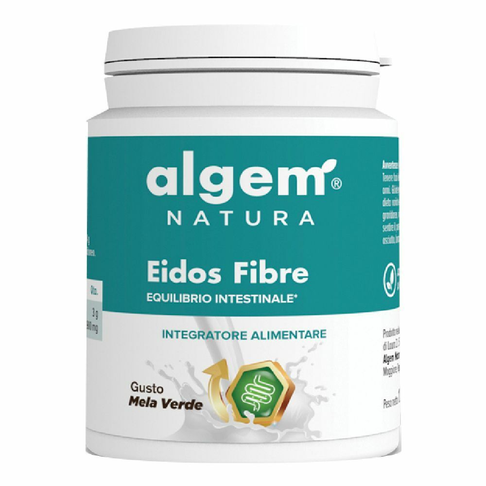 Prodotto cilindrico bianco con etichetta verde. Scritta: Algem Natura, Eidos Fibre, Equilibrio Intestinale. Gusto: Mela Verde.