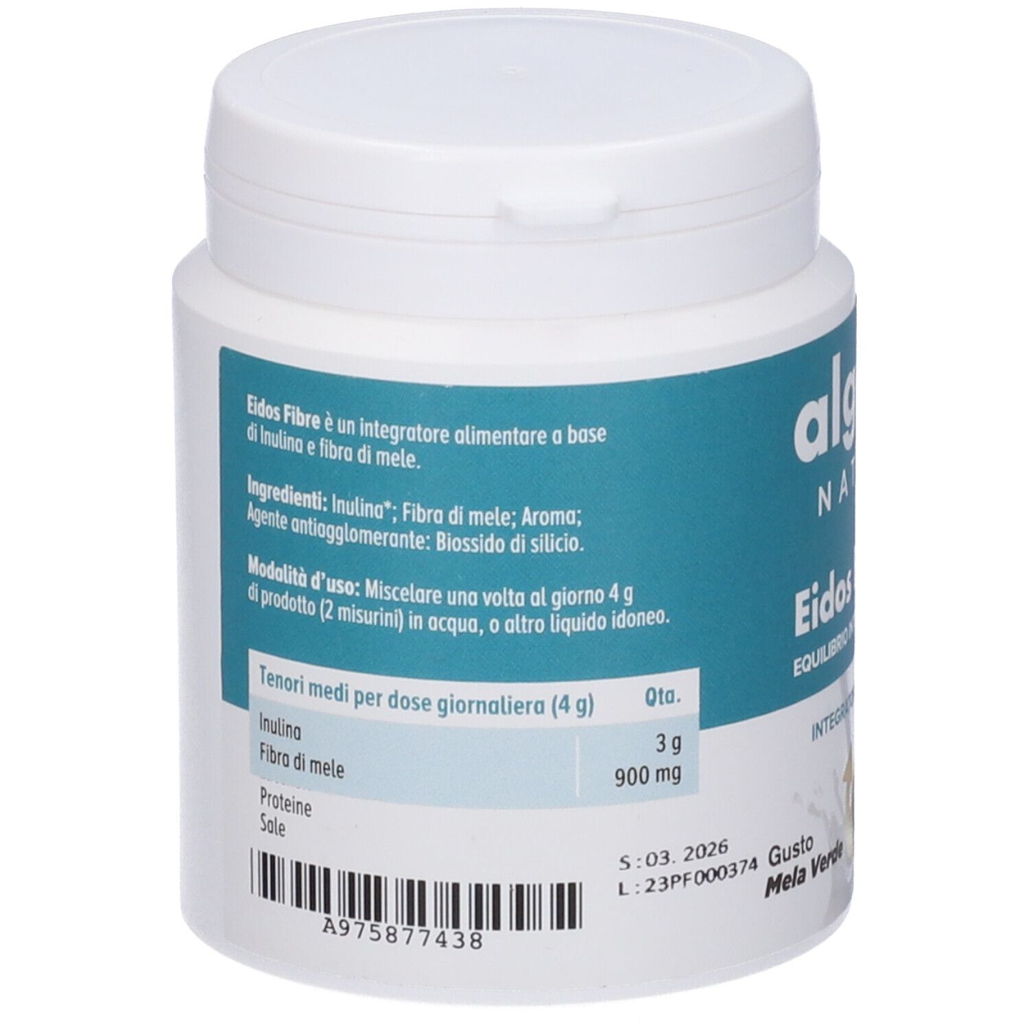 Prodotto cilindrico bianco con etichetta verde. Scritta: Algem Natura, Eidos Fibre, Equilibrio Intestinale. Senza glutine e lattosio.