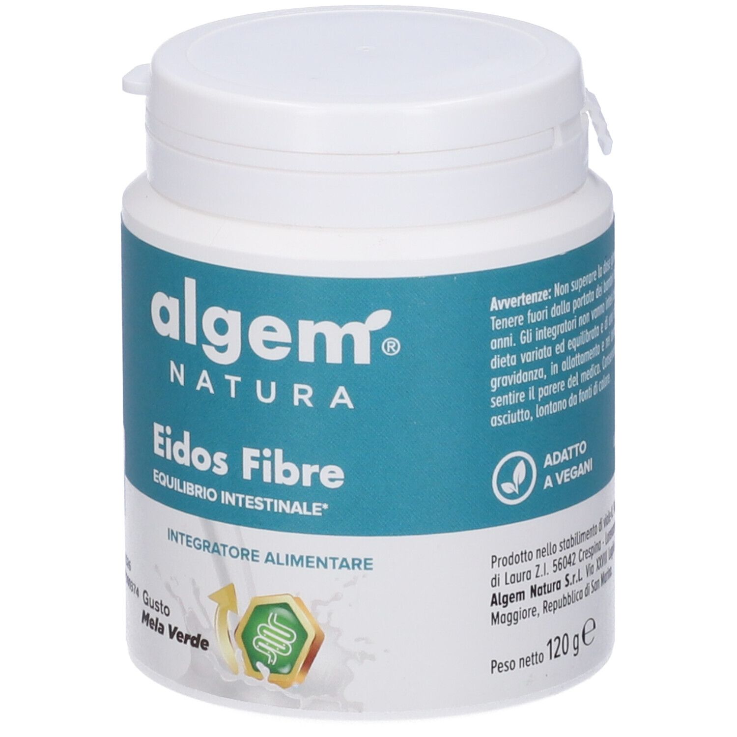 Prodotto cilindrico bianco con etichetta verde. Scritta: Algem Natura, Eidos Fibre, Equilibrio Intestinale. Adatto a Vegani. 120g.