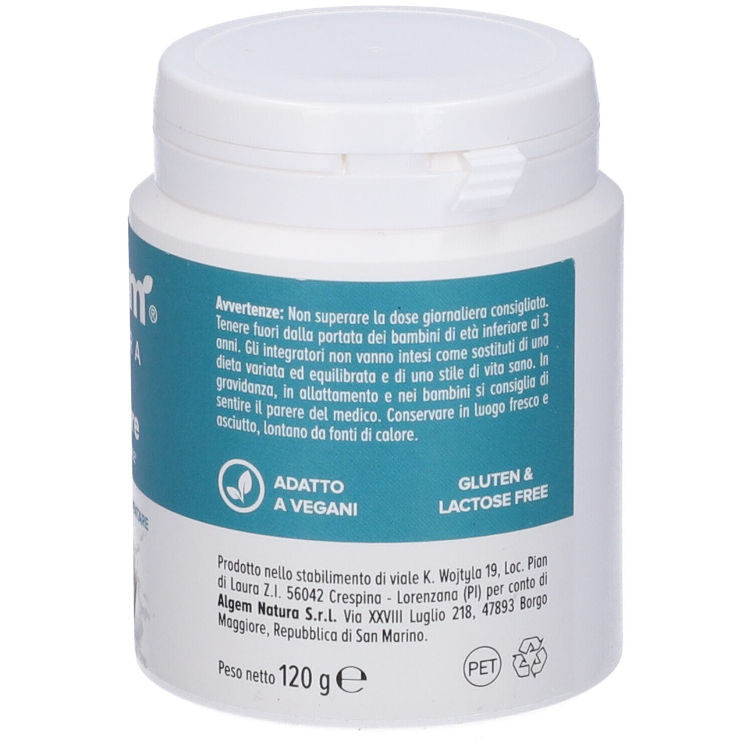 Prodotto cilindrico bianco con etichetta verde. Scritta: Algem Natura, Eidos Fibre, Equilibrio Intestinale. Adatto a Vegani. 120g. Senza glutine e lattosio.