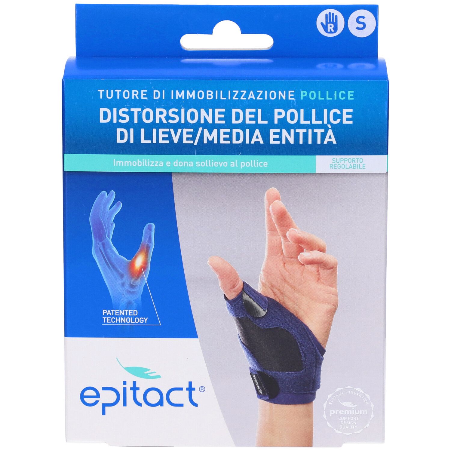 Confezione blu per tutore di immobilizzazione del pollice. Marchio Epitact. Scritto: Distorsione del pollice. Taglia S.