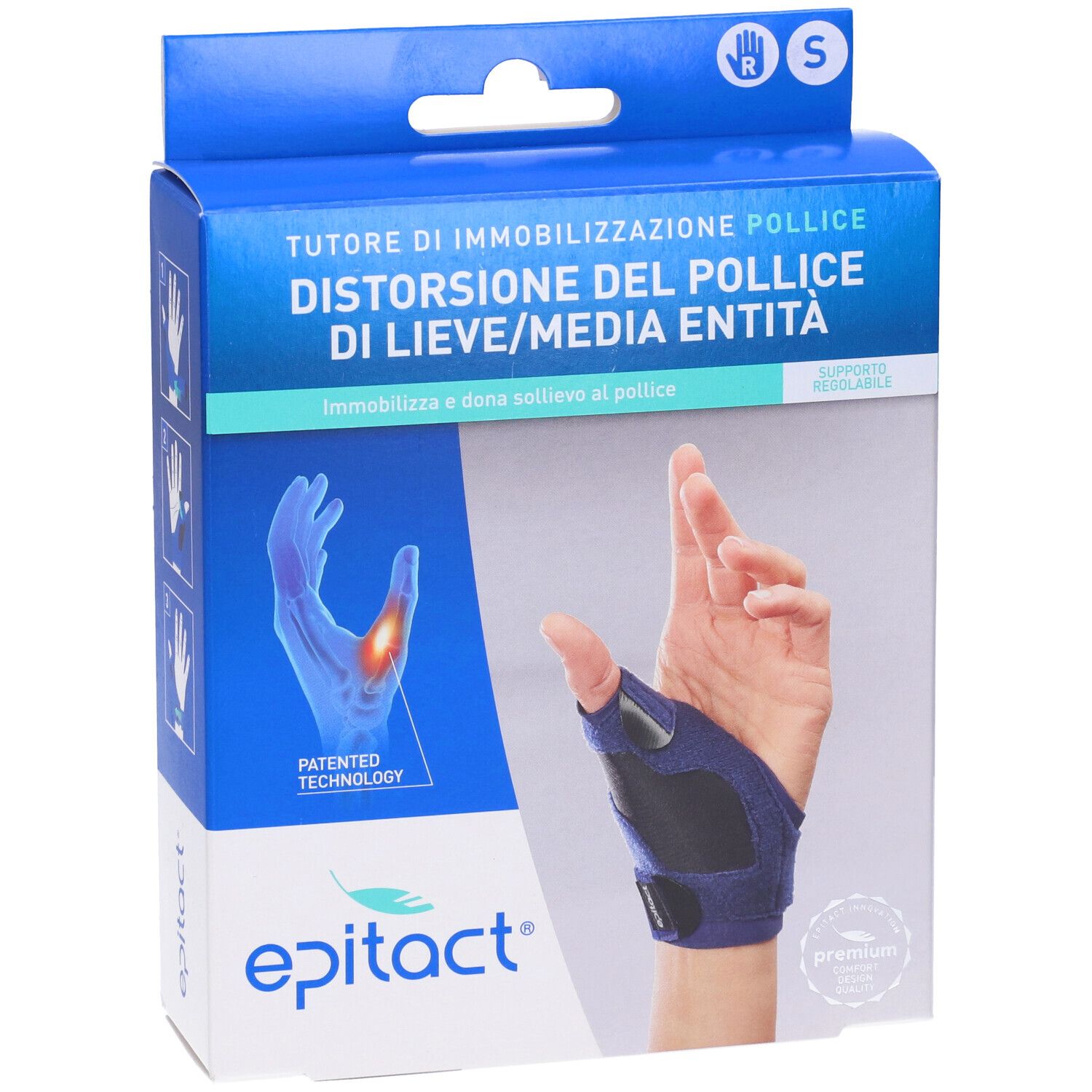 Confezione blu per tutore di immobilizzazione del pollice. Marchio Epitact. Scritto: Distorsione del pollice. Taglia S.