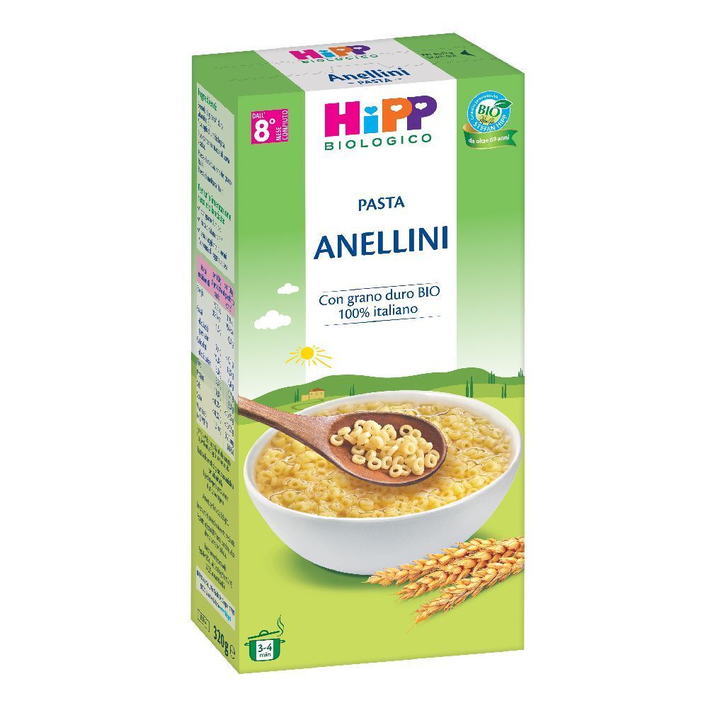 Confezione di pasta HiPP Biologico Anellini. Immagine di pasta a forma di anelli in una ciotola. Certificazione bio.