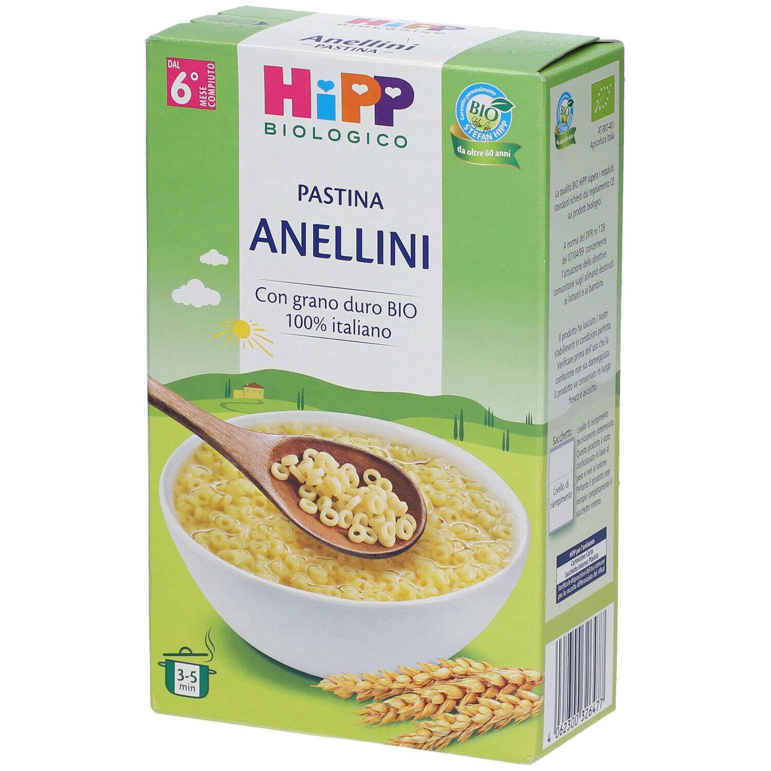Confezione di pasta HiPP Biologico Pastina Anellini. Immagine di pasta a forma di anelli in una ciotola. Certificazione bio.