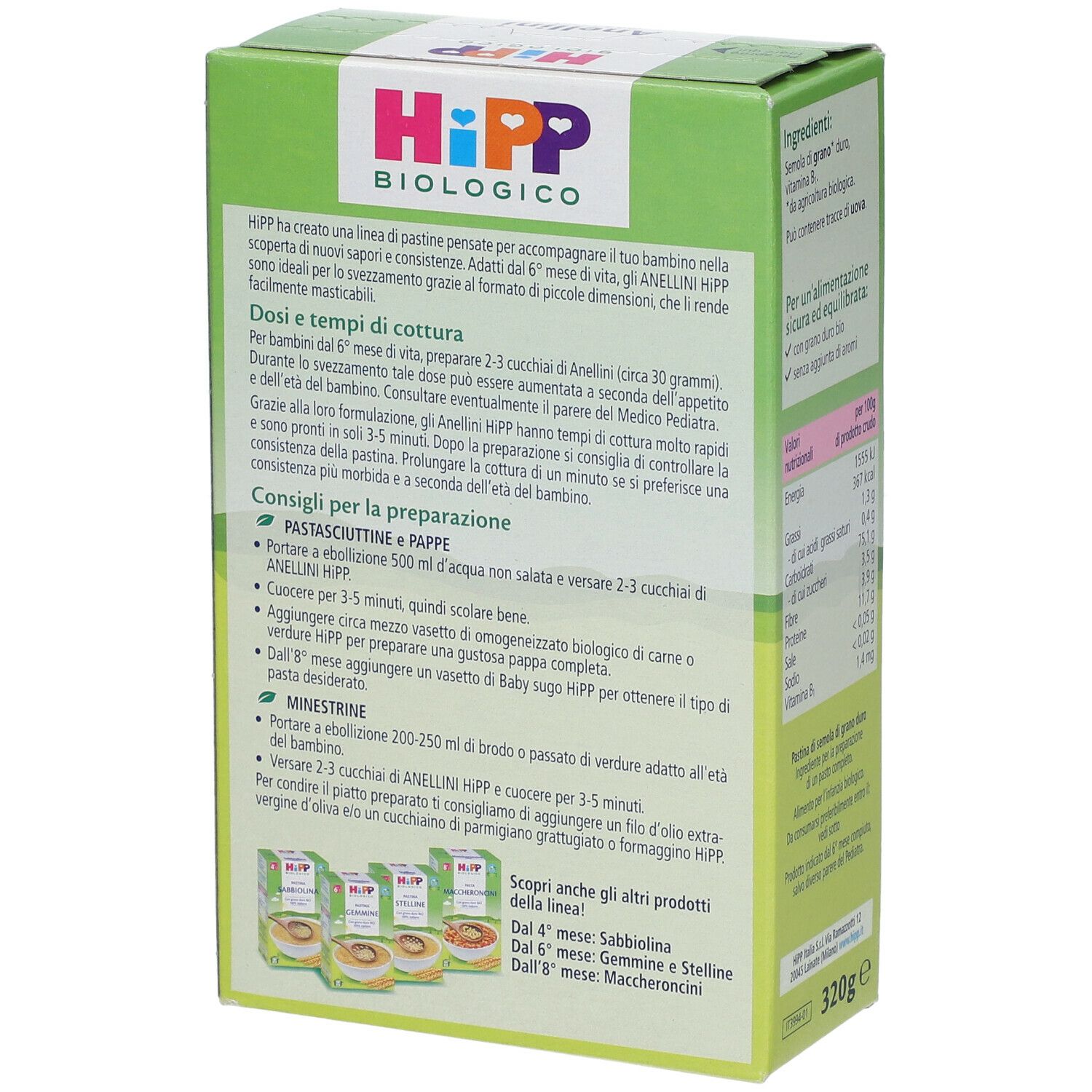 Retro confezione HiPP Biologico Pastina Anellini. Istruzioni per la preparazione. Certificazione bio.