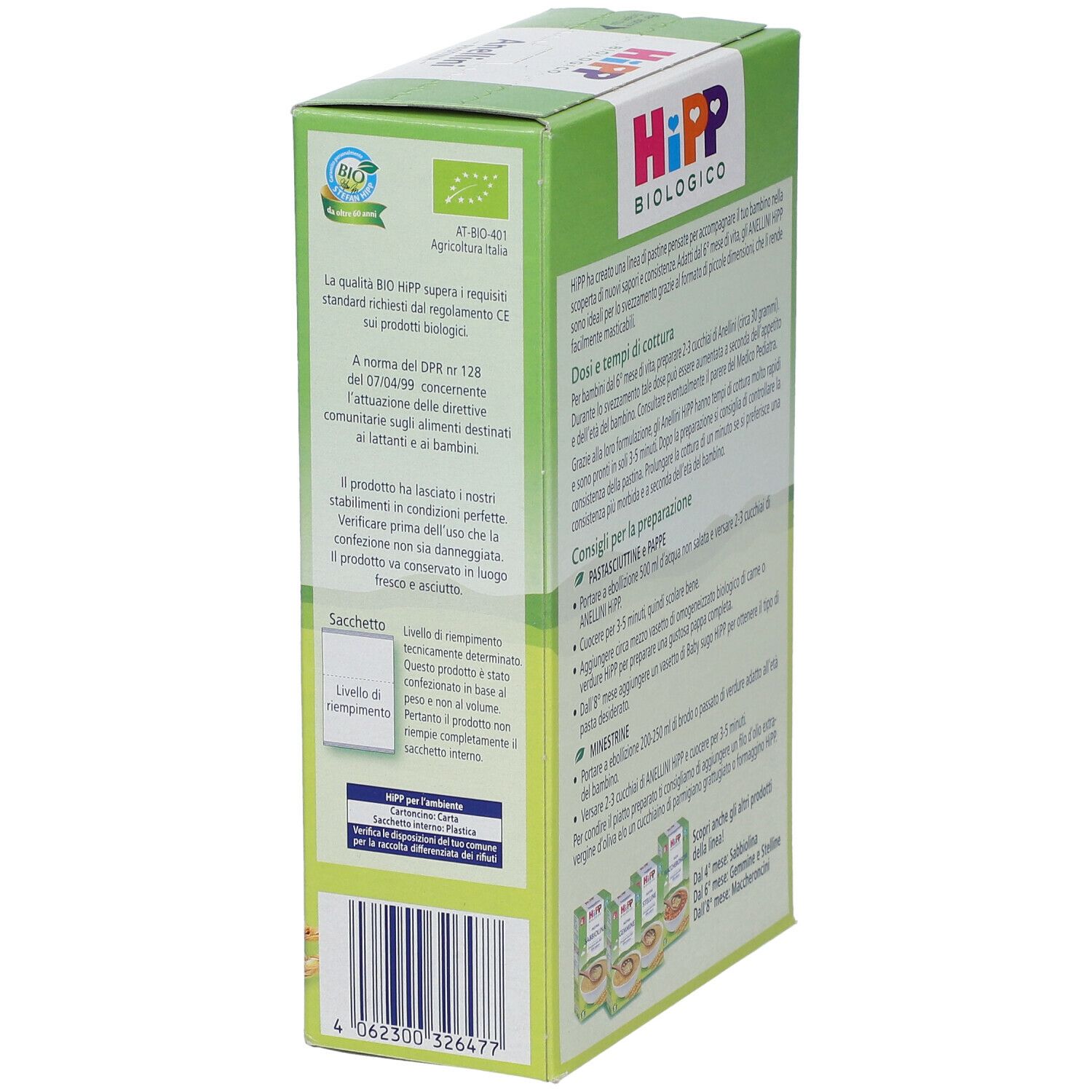 Confezione HiPP Biologico Pastina Anellini. Informazioni sulla qualità bio e riciclo. Certificazione bio.