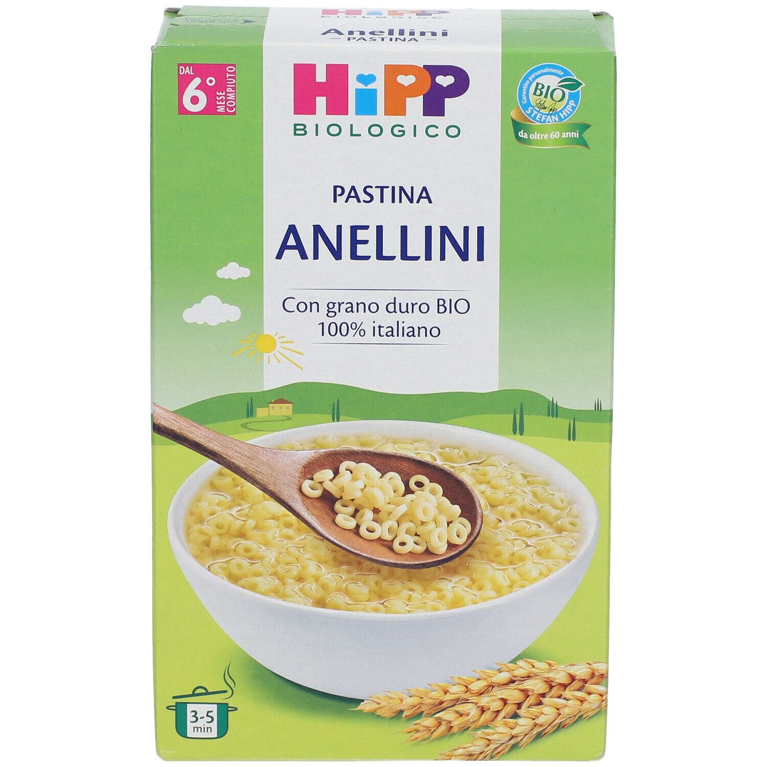 Confezione di pasta HiPP Biologico Pastina Anellini. Immagine di pasta a forma di anelli in una ciotola. Certificazione bio.