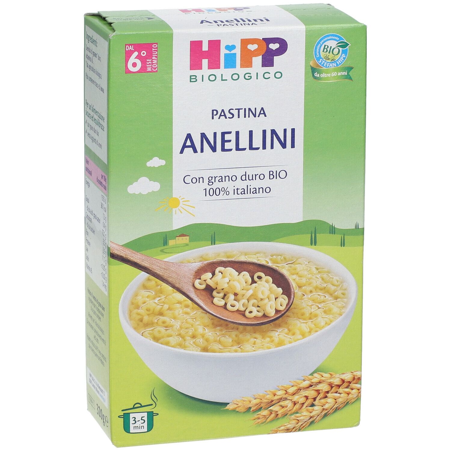 Confezione di pasta HiPP Biologico Pastina Anellini. Immagine di pasta a forma di anelli in una ciotola. Certificazione bio.