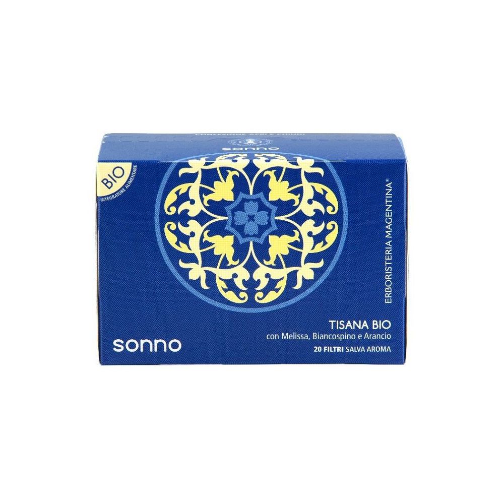 Scatola blu con motivo floreale e scritta 'sonno'. Testo 'Tisana Bio' con ingredienti e '20 Filtri'. Etichetta 'BIO'.