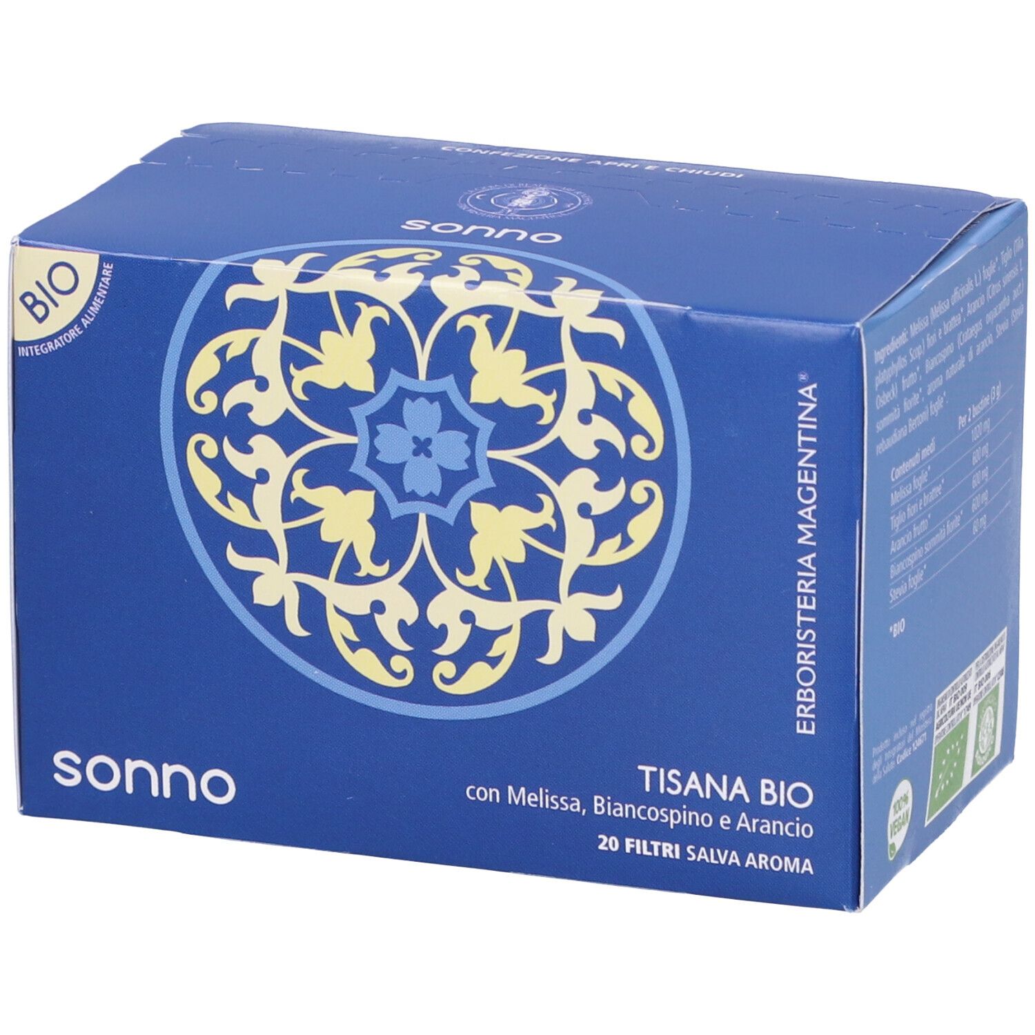 Scatola blu con motivo floreale e scritta 'sonno'. Testo 'Tisana Bio' con ingredienti e '20 Filtri'. Etichetta BIO.