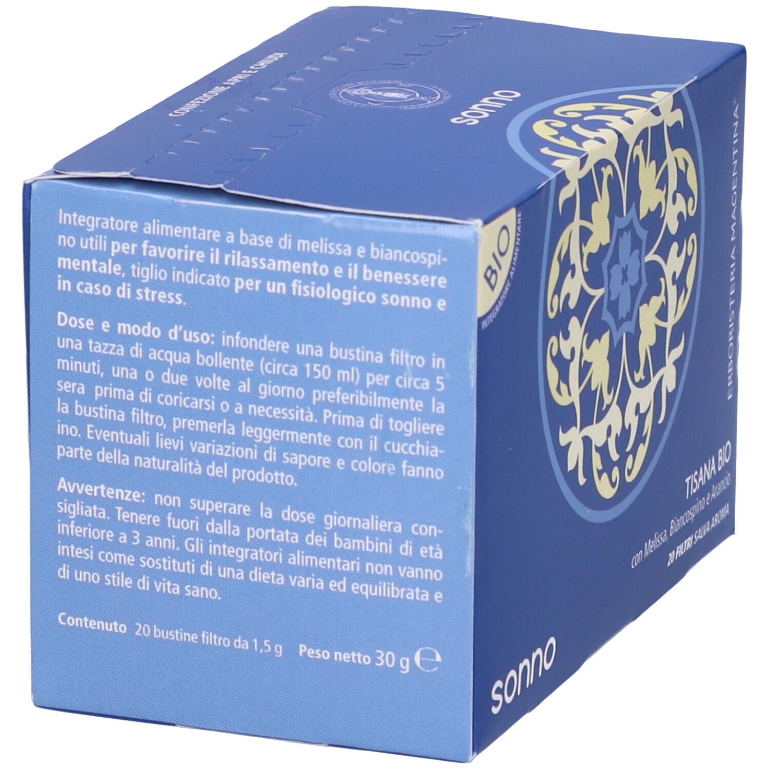 Scatola blu con motivo floreale e testo. 'sonno' e 'Tisana Bio' con ingredienti. Etichetta BIO. Testo sul lato.