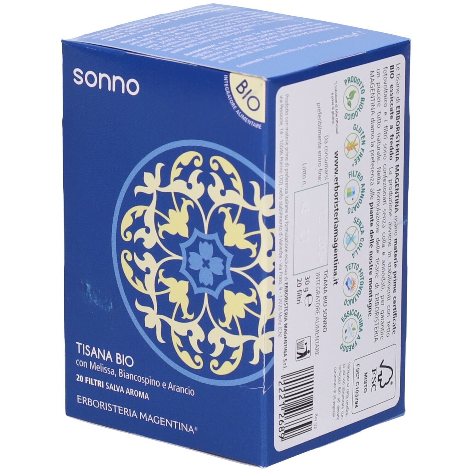 Scatola blu con motivo floreale e testo. 'sonno' e 'Tisana Bio' con ingredienti. Etichetta BIO. Testo e loghi.