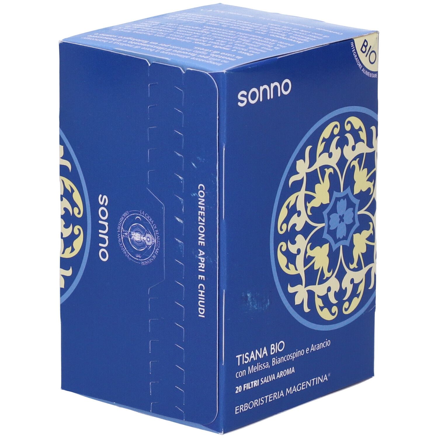 Scatola blu con motivo floreale e testo. 'sonno' e 'Tisana Bio' con ingredienti. Etichetta BIO. Testo sul lato.