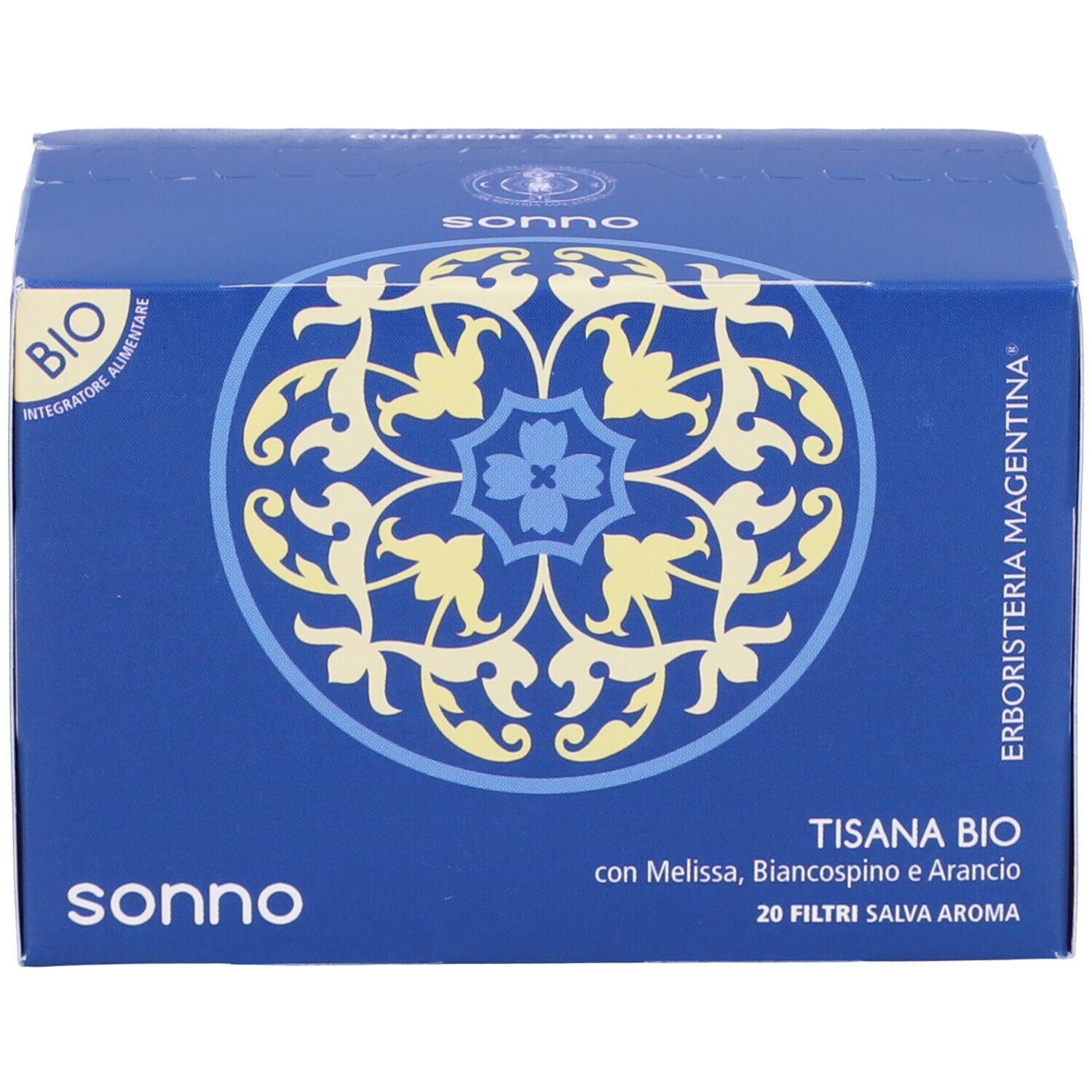 Scatola blu con motivo floreale e scritta 'sonno'. Testo 'Tisana Bio' con ingredienti e '20 Filtri'.