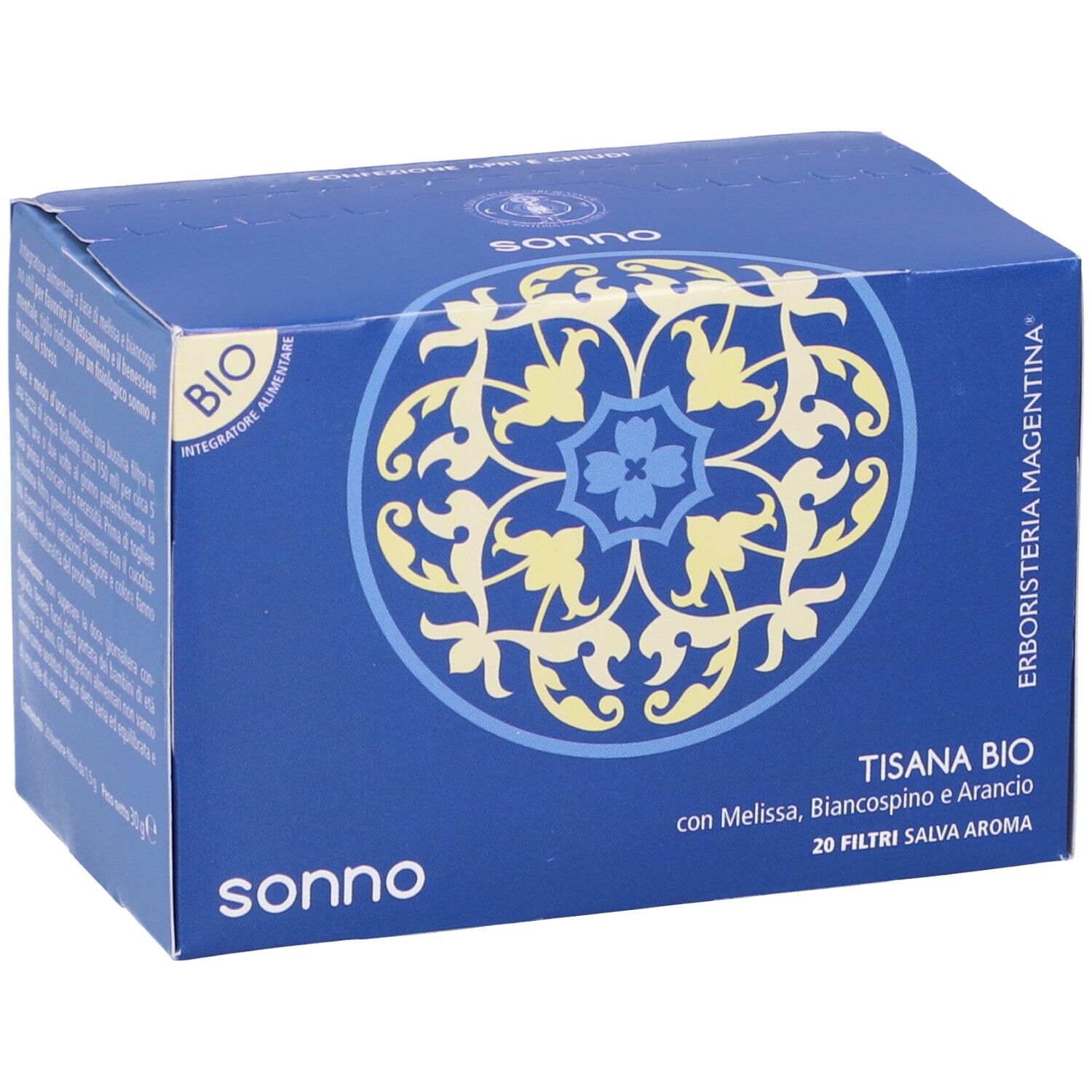 Scatola blu con motivo floreale e scritta 'sonno'. Testo 'Tisana Bio' con ingredienti e '20 Filtri'.