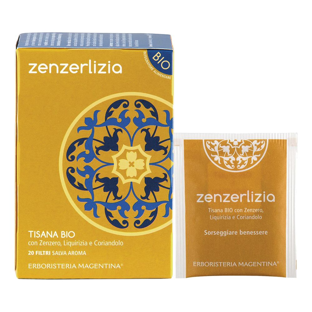 Confezione e bustina di tisana. Scritte: zenzelizia, Tisana Bio, 20 Filtri. Certificazione Bio.