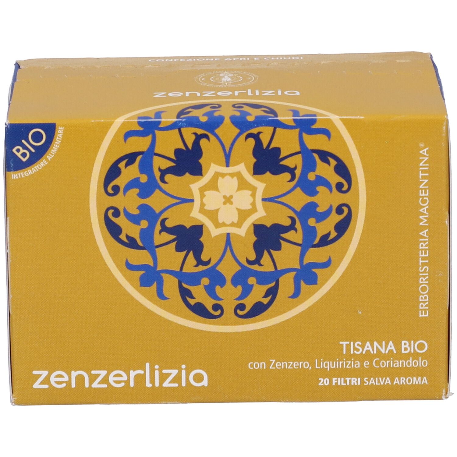Scatola gialla con motivo blu e scritta zenzelizia. Testo: Tisana Bio, 20 Filtri. Certificazione Bio.