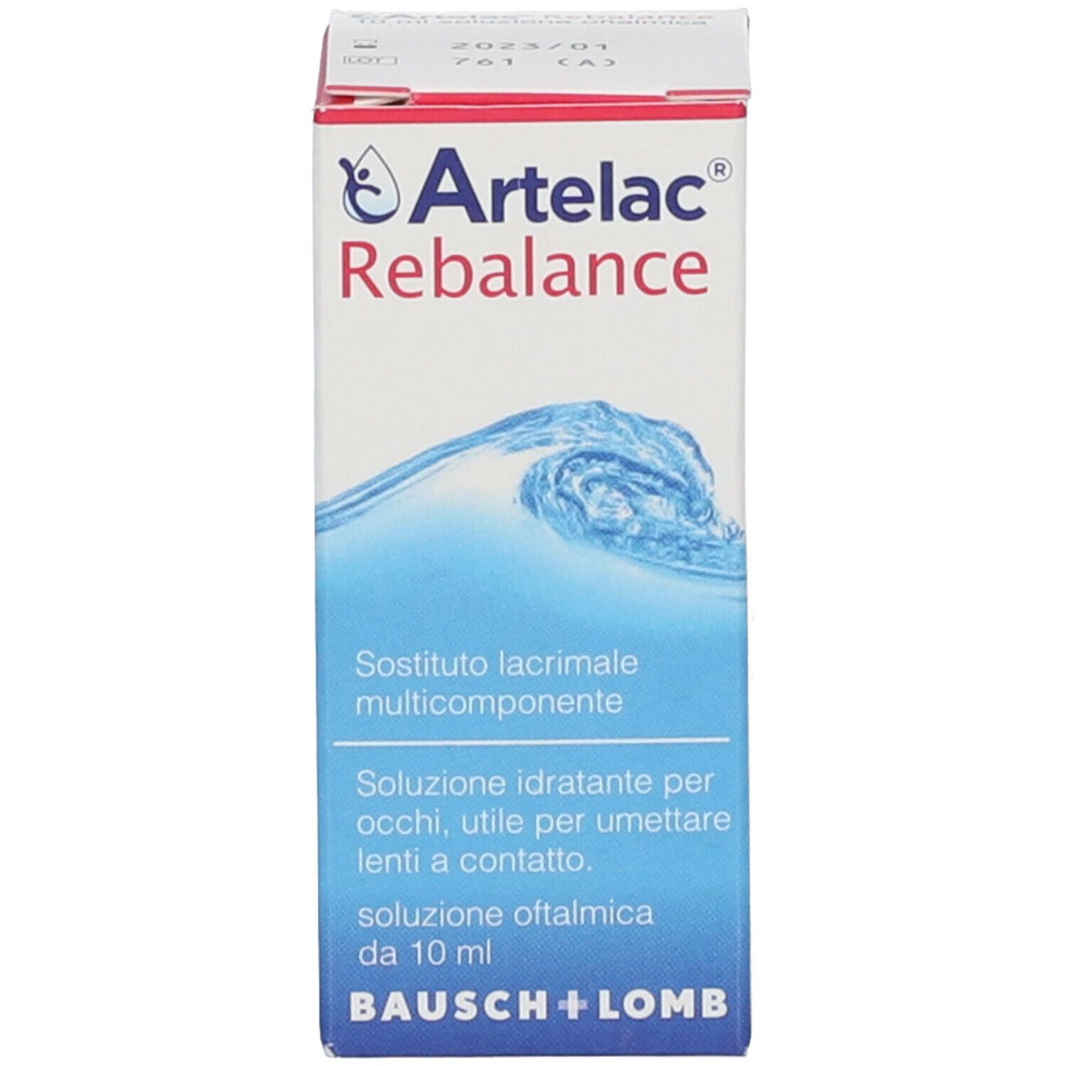Confezione di Artelac Rebalance. Scritta: soluzione oftalmica, Bausch + Lomb. Colori: blu e bianco.