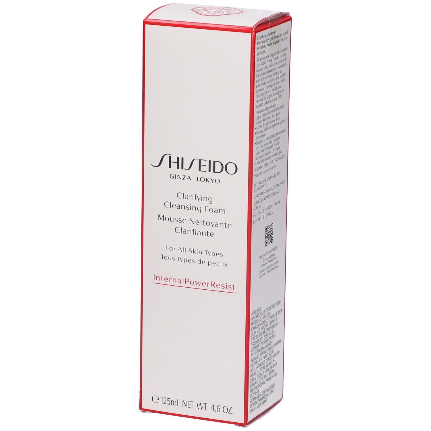 Scatola bianca con bordi rossi. Scritta: SHISEIDO, Clarifying Cleansing Foam. Per tutti i tipi di pelle. 125ml.