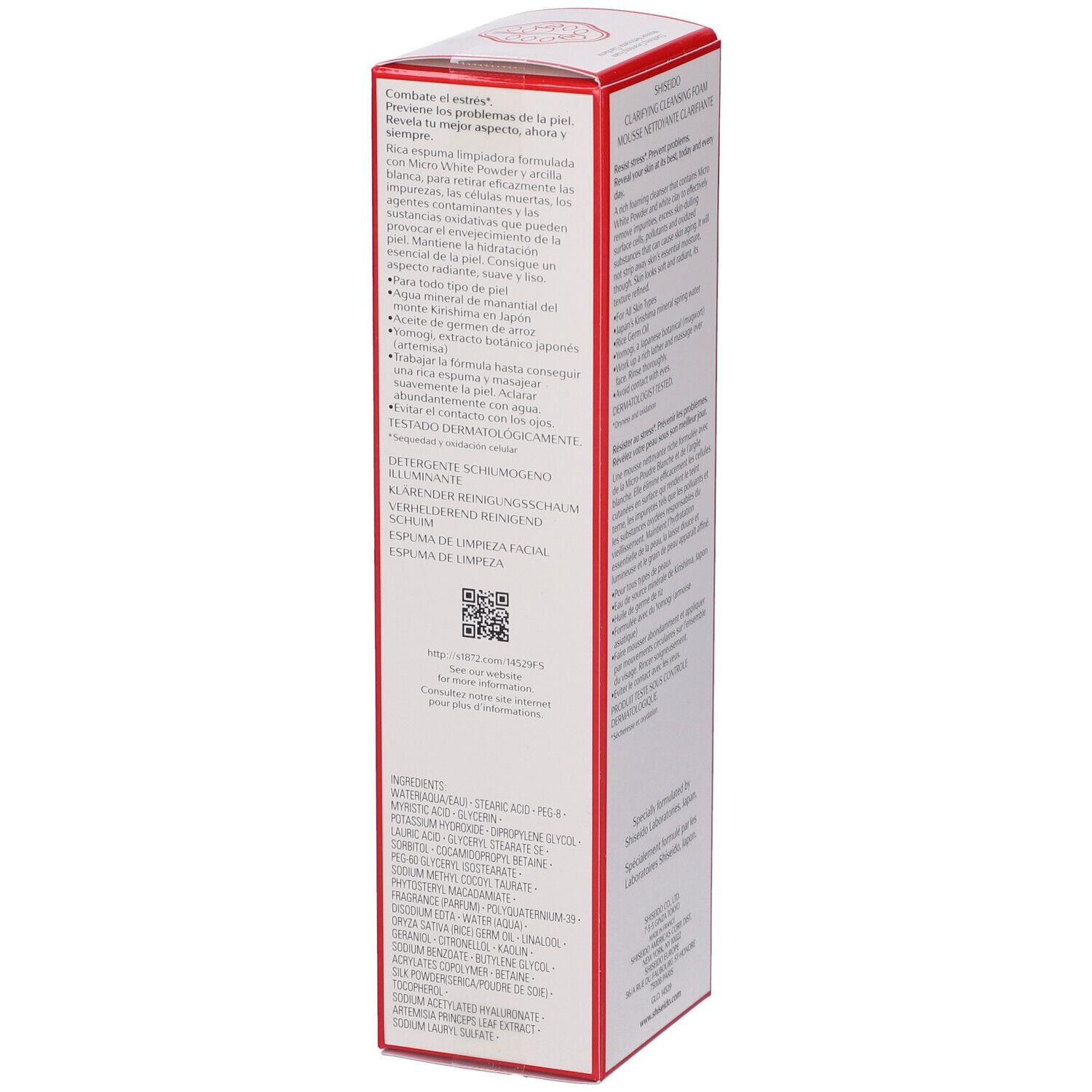 Lato della scatola bianca con bordi rossi. Testo multilingue. Ingredienti e informazioni sul produttore.