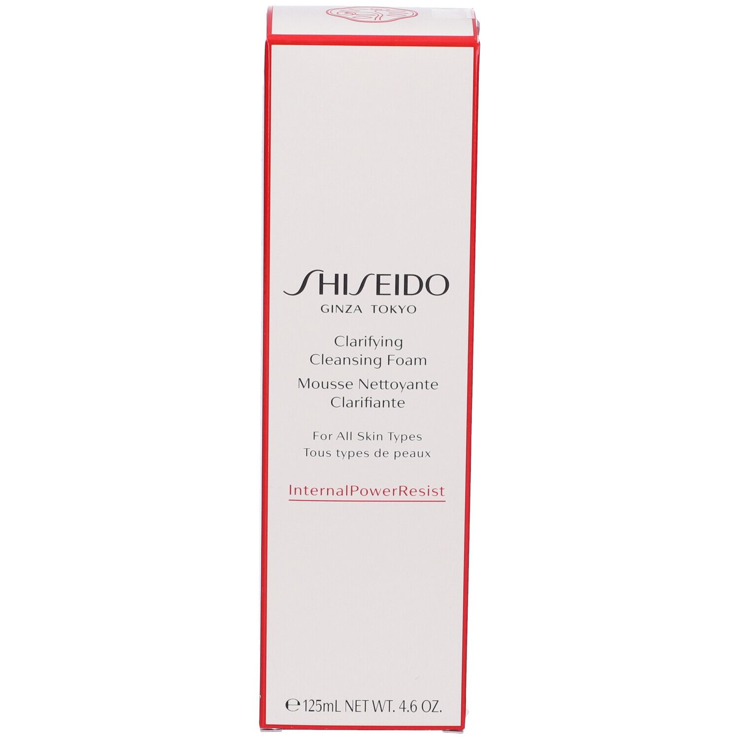 Scatola bianca con bordi rossi. Scritta: SHISEIDO, Clarifying Cleansing Foam. Per tutti i tipi di pelle. 125ml.