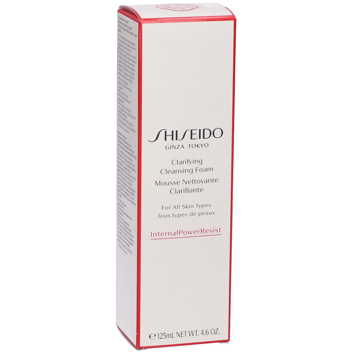 Scatola bianca con bordi rossi. Scritta: SHISEIDO, Clarifying Cleansing Foam. Per tutti i tipi di pelle. 125ml.