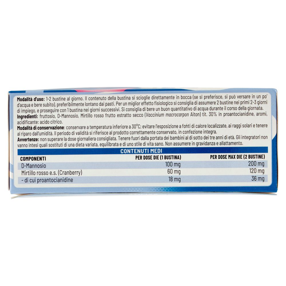 Dos de la boîte avec ingrédients et dosage. Contient D-Mannose et extrait de canneberge. Texte en italien.