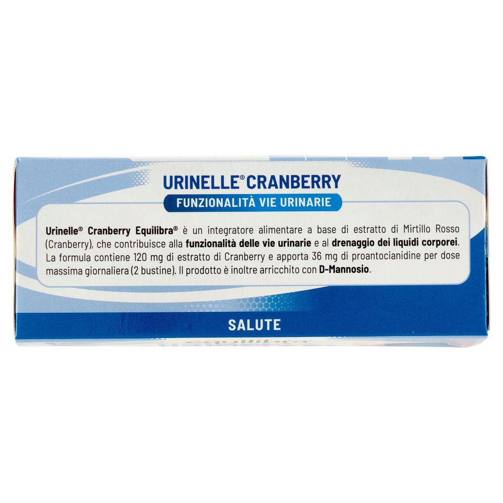 Texte sur la boîte: 'Urinelle Cranberry' pour la fonction urinaire. Contient extrait de canneberge et D-Mannose. Texte en italien.
