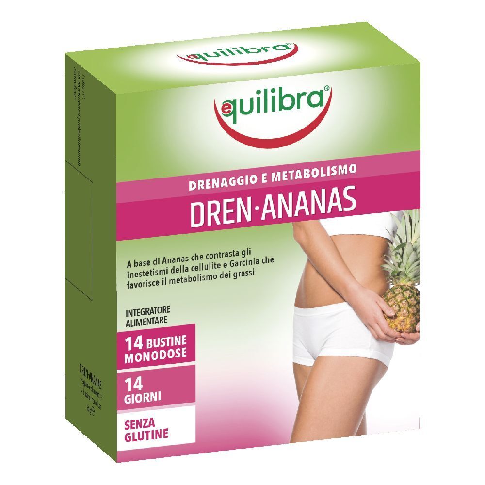 Verpackung von Equilibra® Dren Ananas. Grün-weißes Design mit Produktnamen und Abbildung einer Frau mit Ananas.