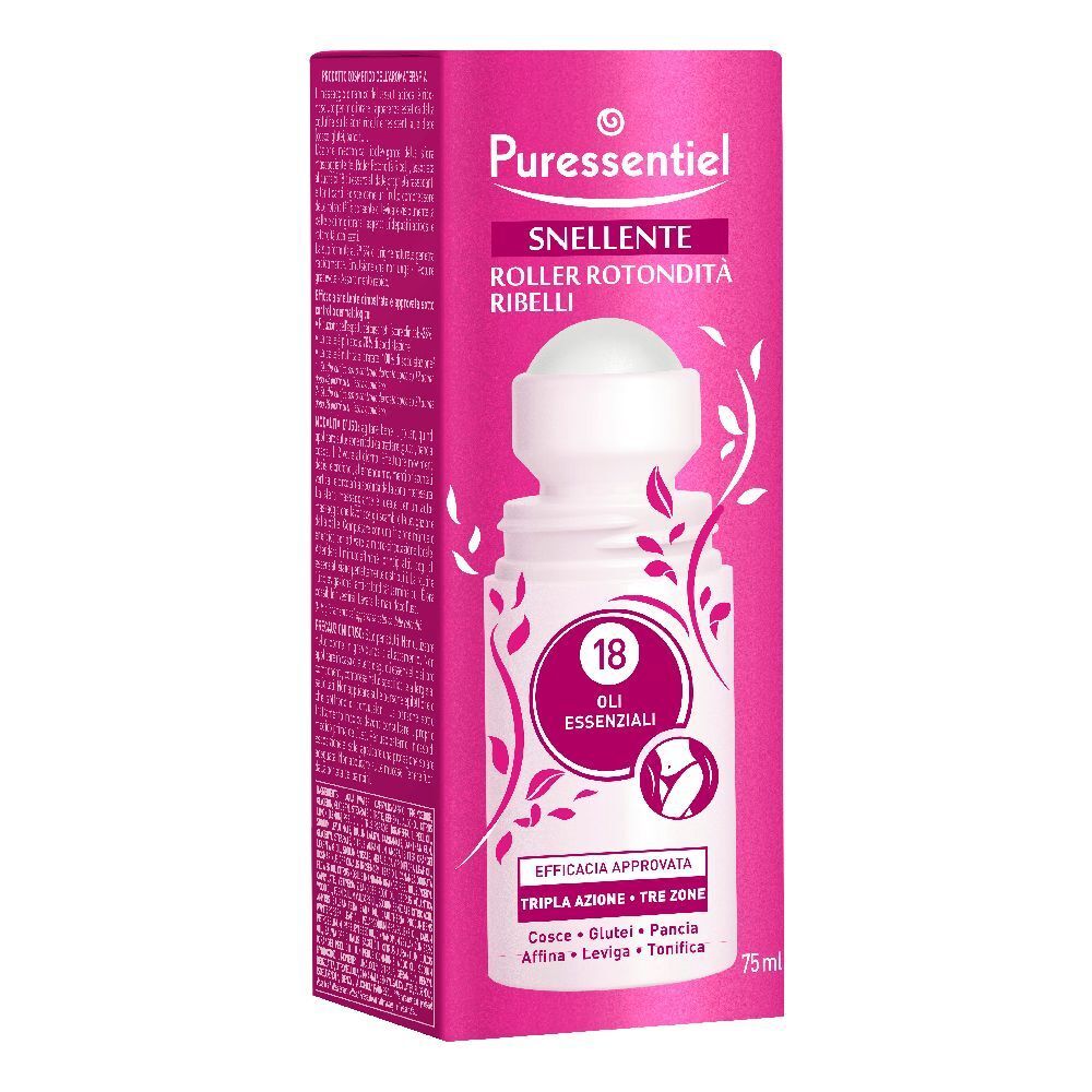 Puressentiel Roll-On anti-cellulite avec emballage. Flacon rose et blanc avec applicateur roll-on. Texte: 18 huiles, Tri-Zones.