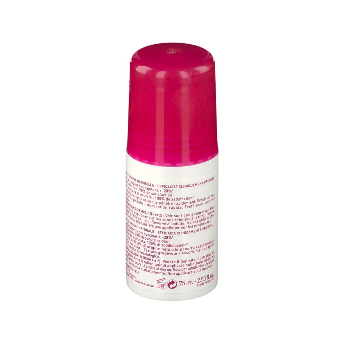 Dos du Roll-On anti-cellulite Puressentiel. Texte: Ingrédients actifs, mode d'emploi, 75 ml.