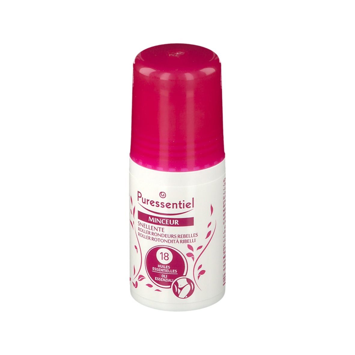 Puressentiel Roll-On anti-cellulite. Flacon blanc avec bouchon rose. Texte: 18 huiles, Roll-On, anti-cellulite.