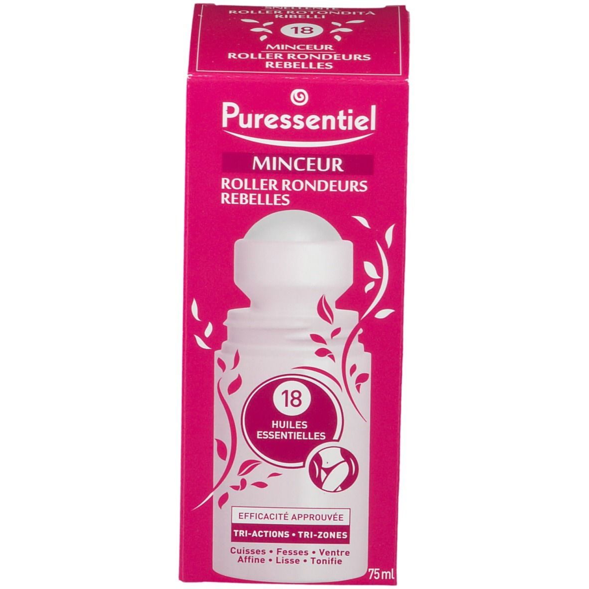 Puressentiel Roll-On anti-cellulite avec emballage. Flacon rose et blanc avec applicateur roll-on. Texte: 18 huiles, Tri-Zones.