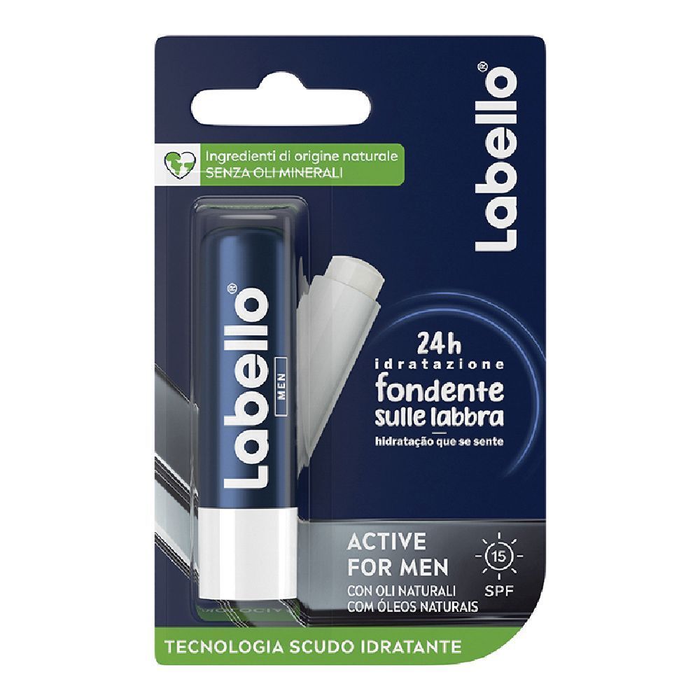 Stick Labello Active For Men SPF15 in confezione. Stick blu, cappuccio bianco. Confezione blu e verde. Ingredienti naturali.