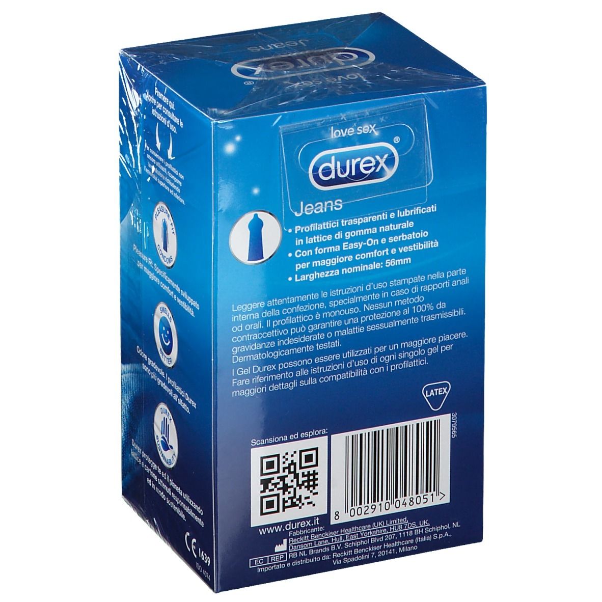 Scatola Durex Jeans, blu, sigillata. Informazioni sul retro. Marchio e nome visibili.
