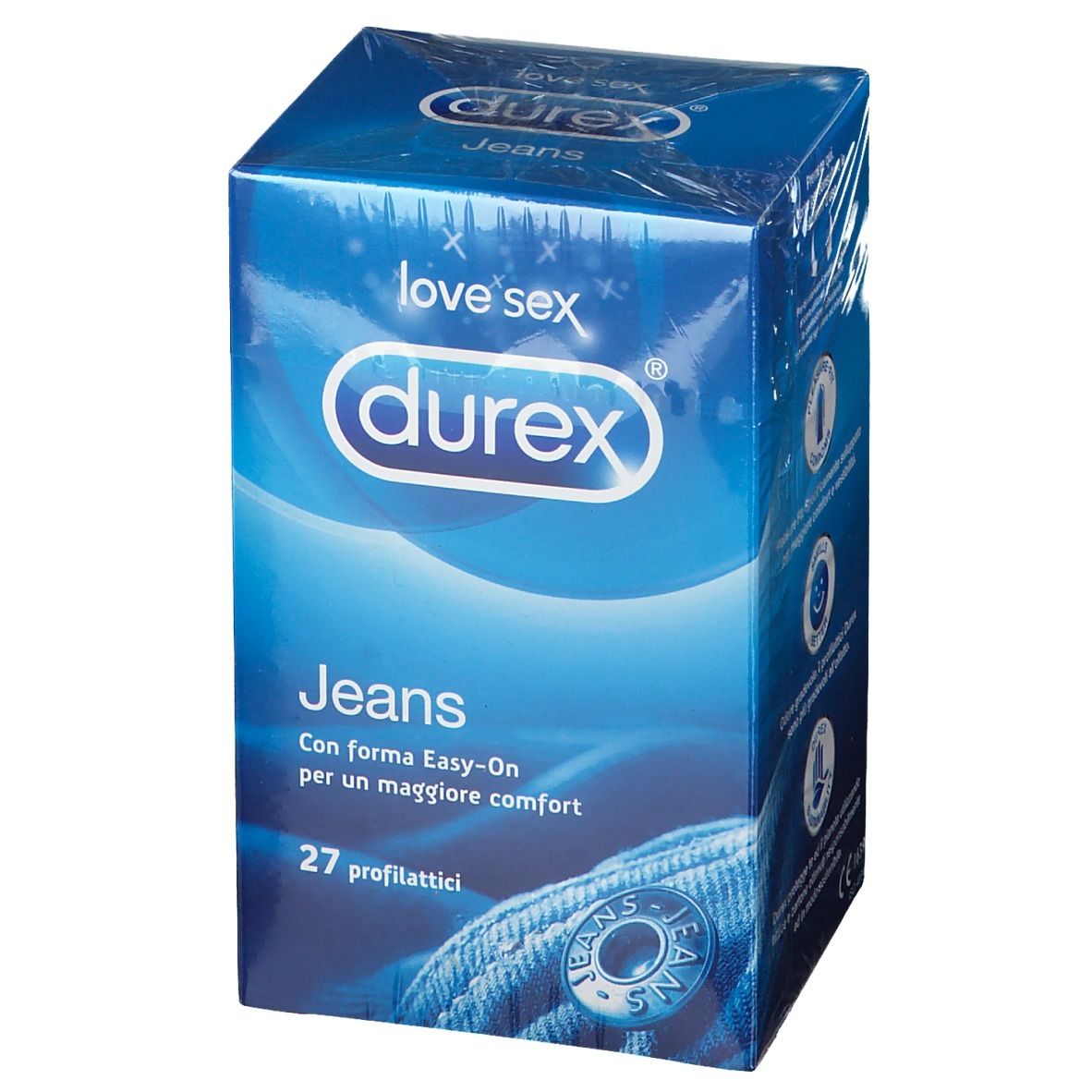 Scatola Durex Jeans, blu, sigillata. 27 profilattici. Marchio e nome del prodotto visibili.