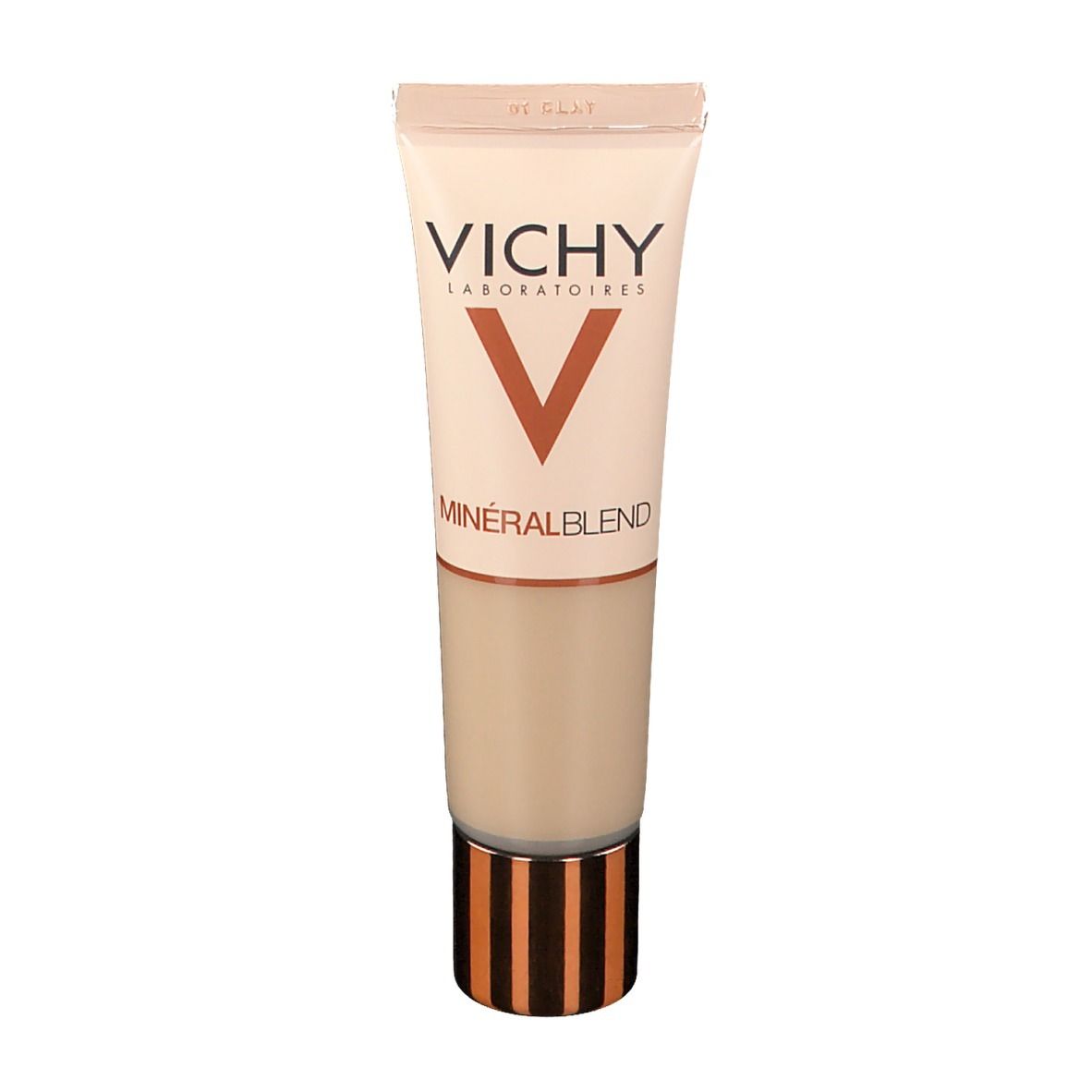 Tube de fond de teint Vichy Mineralblend Nr. 01. Dos avec informations et ingrédients du produit.