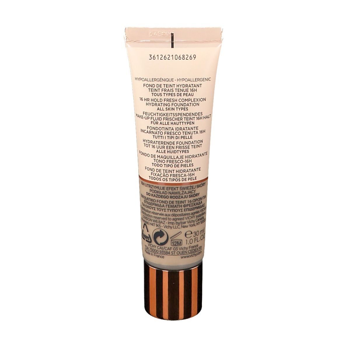 Tube et emballage de fond de teint Vichy Mineralblend Nr. 01. Logo et texte. Teinte beige clair.