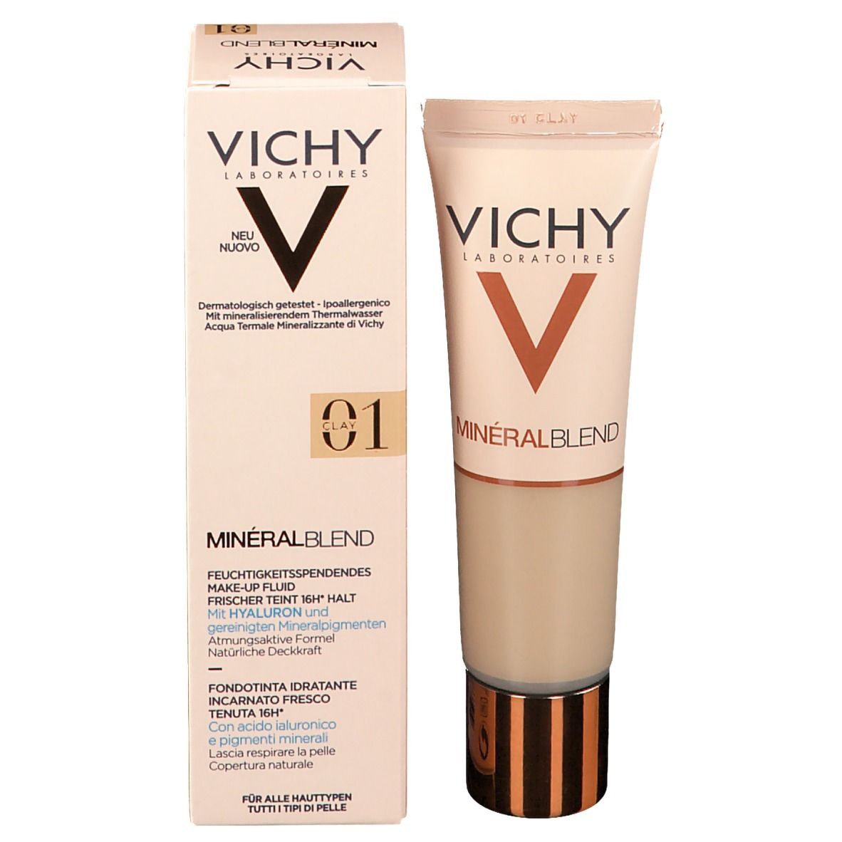 Tube et emballage de fond de teint Vichy Mineralblend Nr. 01. Logo et texte. Teinte beige clair.