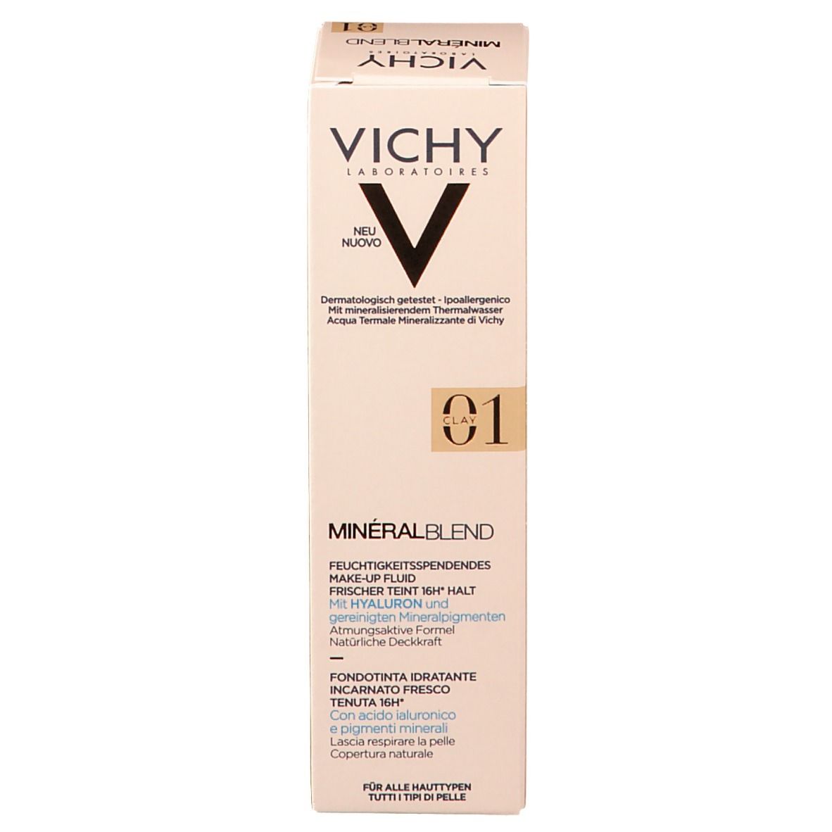Emballage de fond de teint Vichy Mineralblend Nr. 01. Dos avec informations et ingrédients du produit.