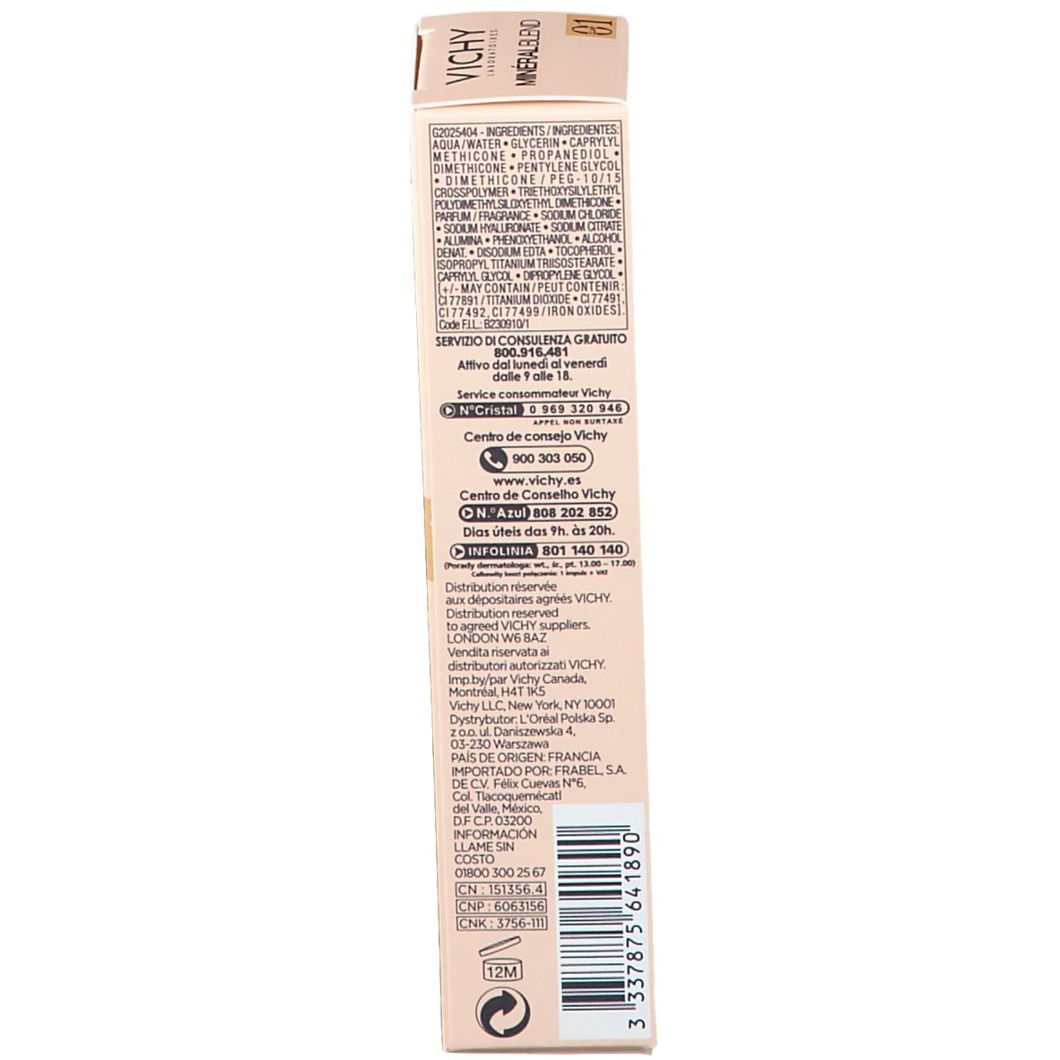 Emballage de fond de teint Vichy Mineralblend Nr. 01. Face avant avec logo et nom du produit.