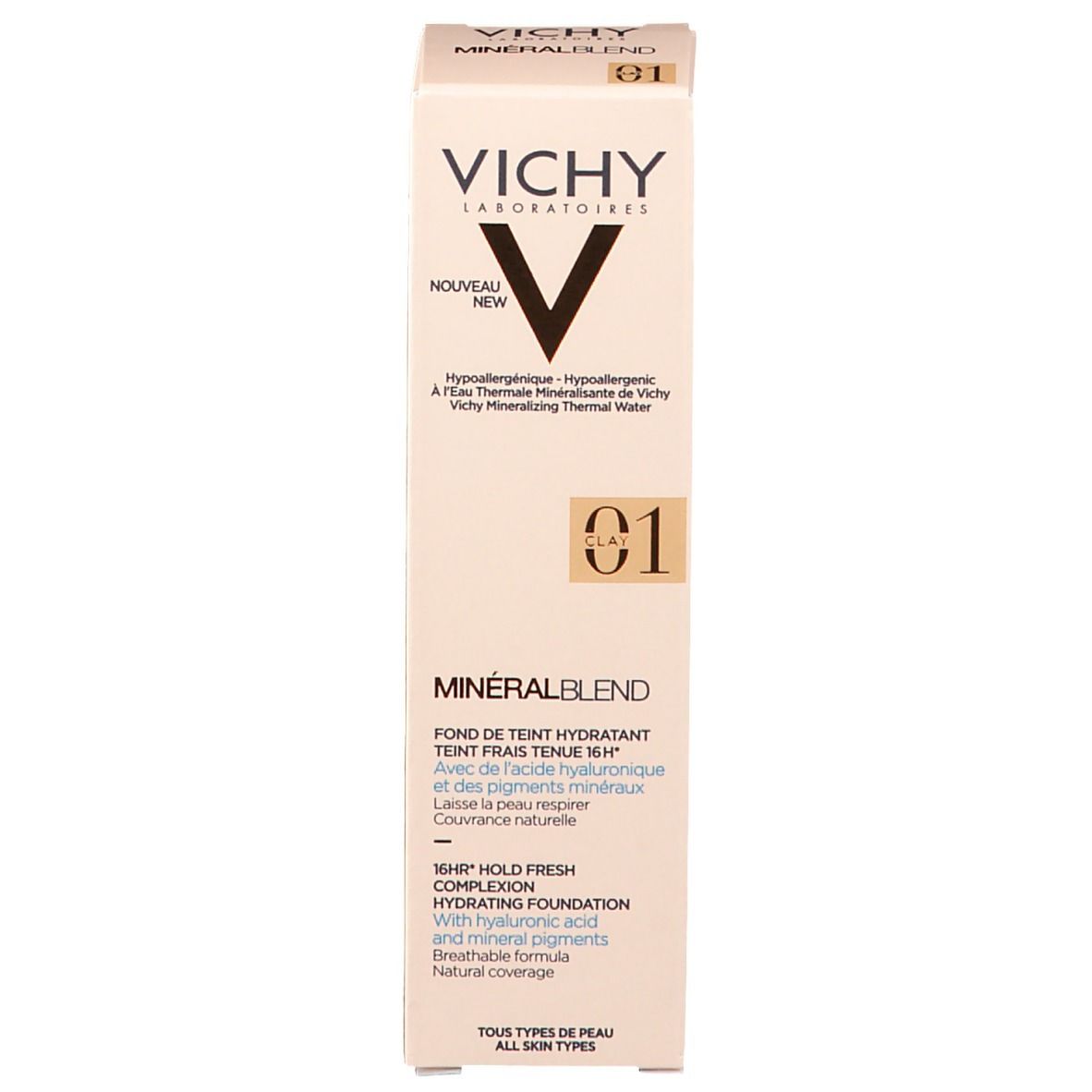 Emballage de fond de teint Vichy Mineralblend Nr. 01. Dos avec informations et ingrédients du produit.