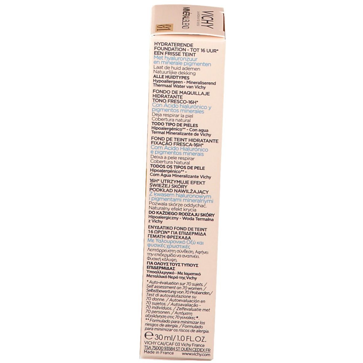 Emballage de fond de teint Vichy Mineralblend Nr. 01. Côté avec informations sur le produit.