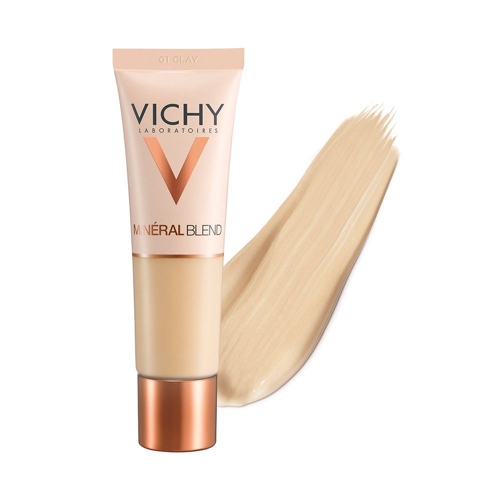 Vichy Mineralblend Fond de teint hydratant Nr. 01. Tube et échantillon de couleur. Logo et texte. Teinte beige clair.