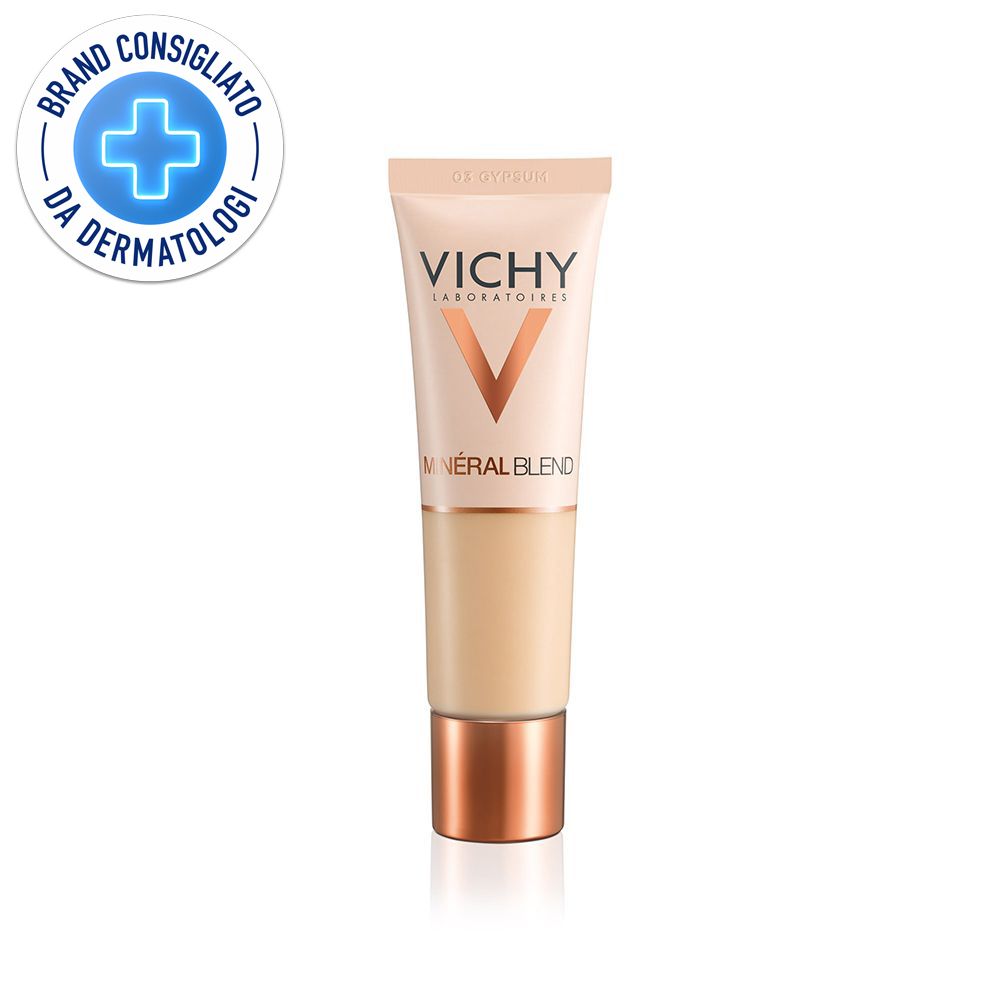 Tubo beige con logo VICHY e scritta Mineralblend. Adesivo: Brand Consigliato da Dermatologi.