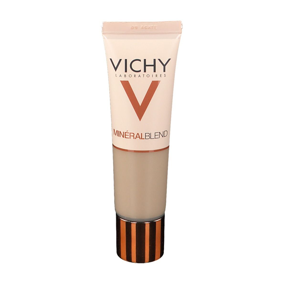 Tube VICHY Mineralblend. Aufschrift und Logo. Farbton 09 Agate. Beige-braune Farbe.