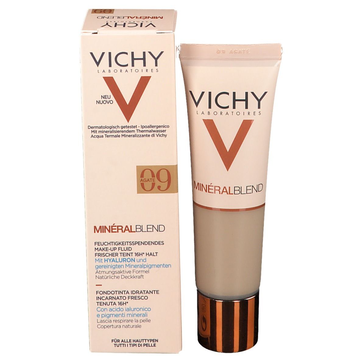 Verpackung VICHY Mineralblend. Tube und Karton. Farbton 09 Agate. Aufschrift und Logo.